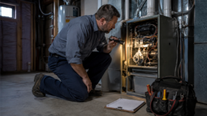 HVAC technician performing a gas furnace inspection in a residential utility room, using a flashlight to examine internal furnace components. A tool bag and inspection clipboard sit nearby during a heating season maintenance check.